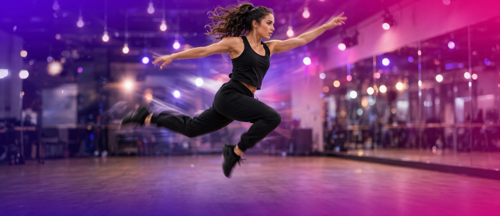 A dancer mid-leap in a mirrored studio